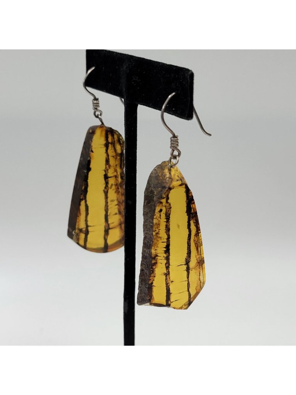Natural Amber Crystal Slice Statement Dangle Earrings - Picture 3 of 4